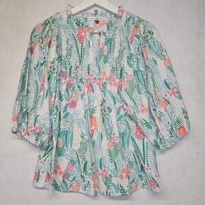 Michelle McDowell Green Floral Elbow Puff Sleeve V-Neck Blouse - Size Medium